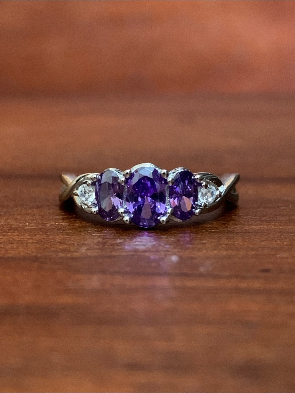 New 925 Silver Triple Oval Amethyst CZ Ring size 6